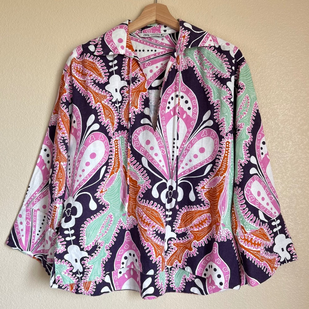 Zara Size S Shirt Boho Tunic Thick Paisley Purple Pink Resort Rio Floral Coastal